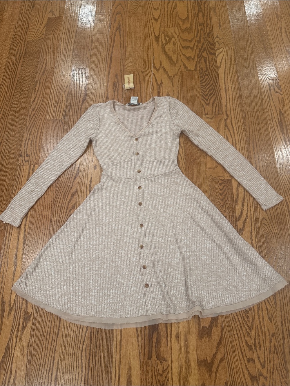 Woman Long Sleeve Button-Front Knit Dress in Beige